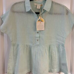 NWT C&C California Light Green 100% Linen Peplum Button Down Shirt XS